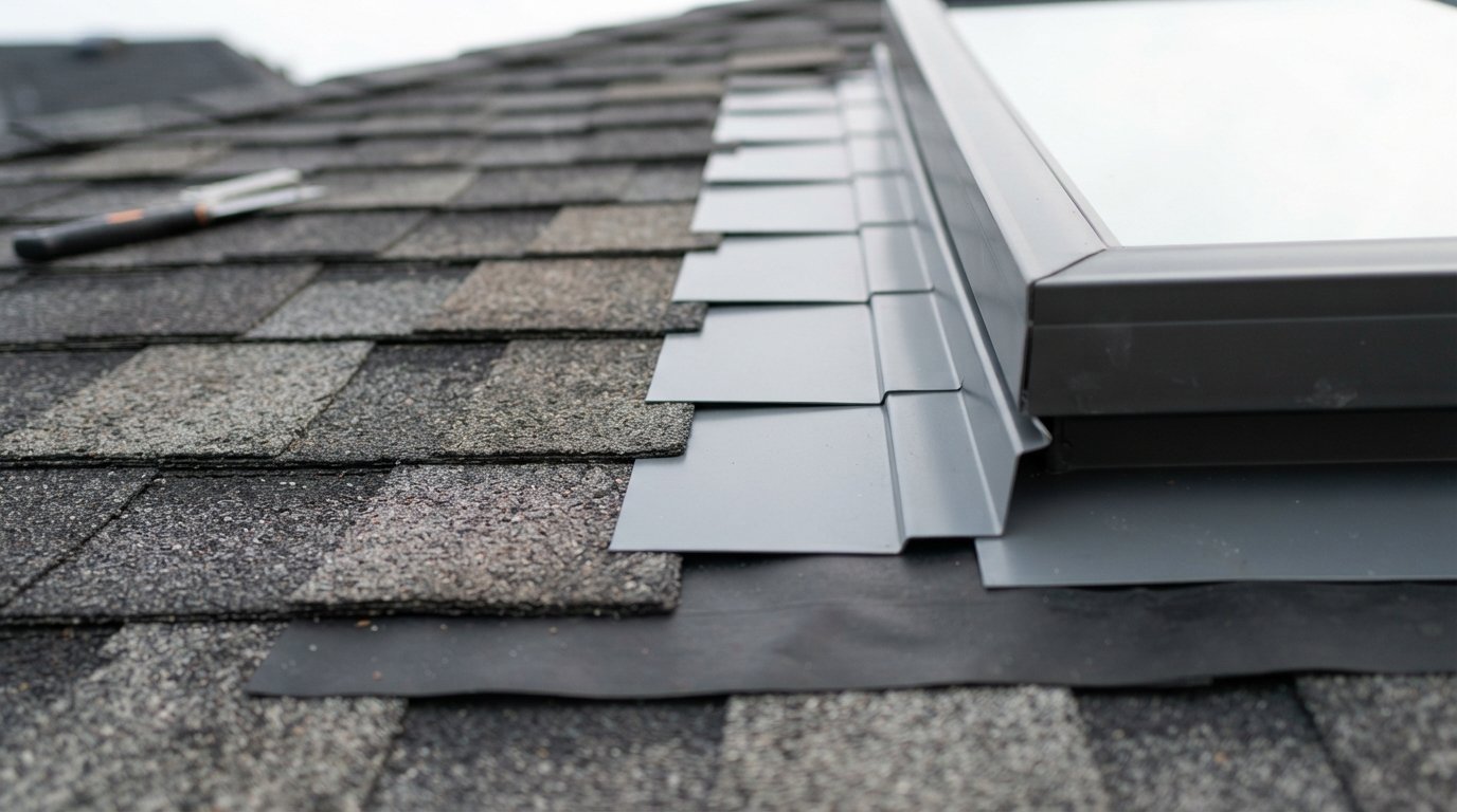 Close-up of step flashing and underlayment around a new skylight curb after a condo skylight replacement