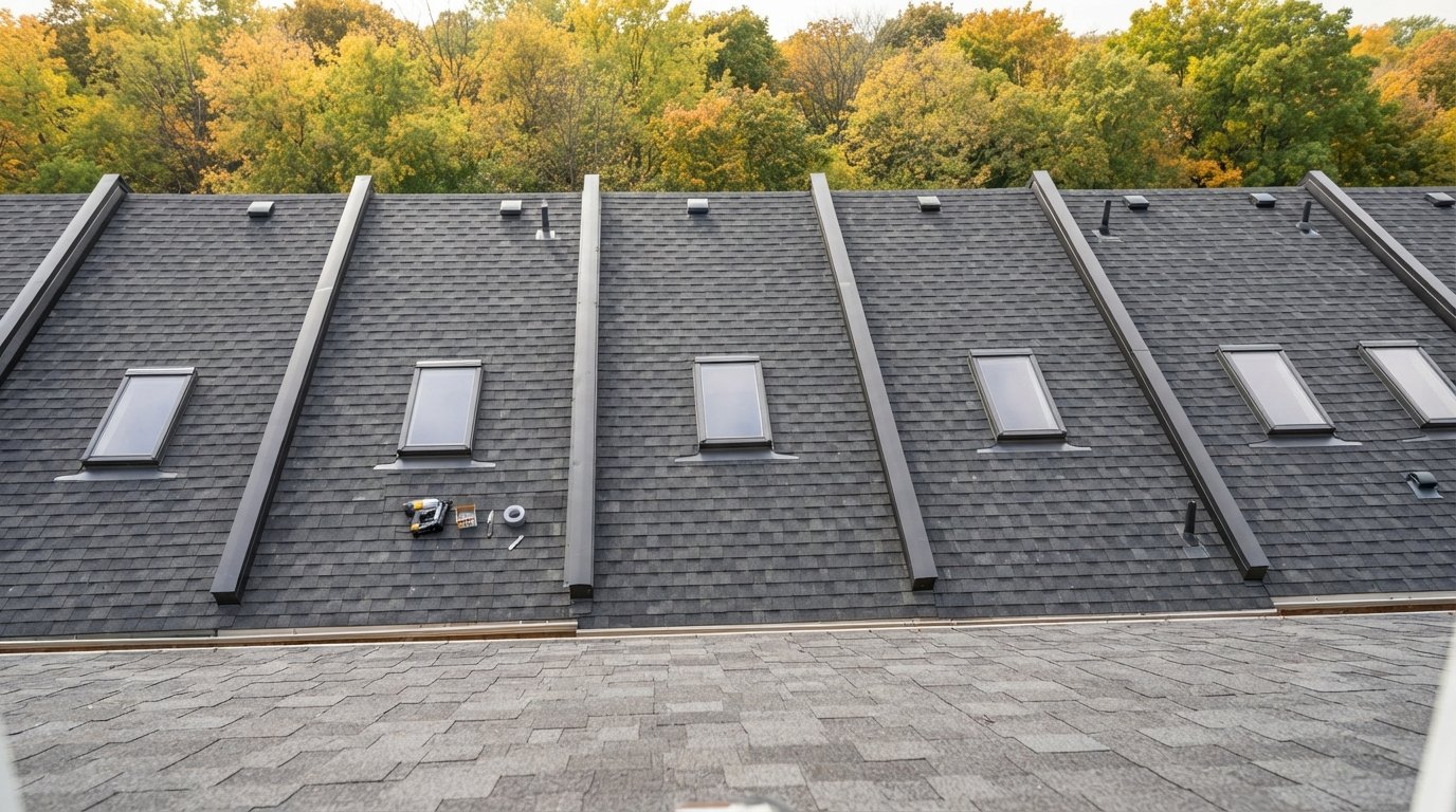 Row of condo townhouse roofs with matching skylights, a typical setting for a condo skylight replacement project in early autumn