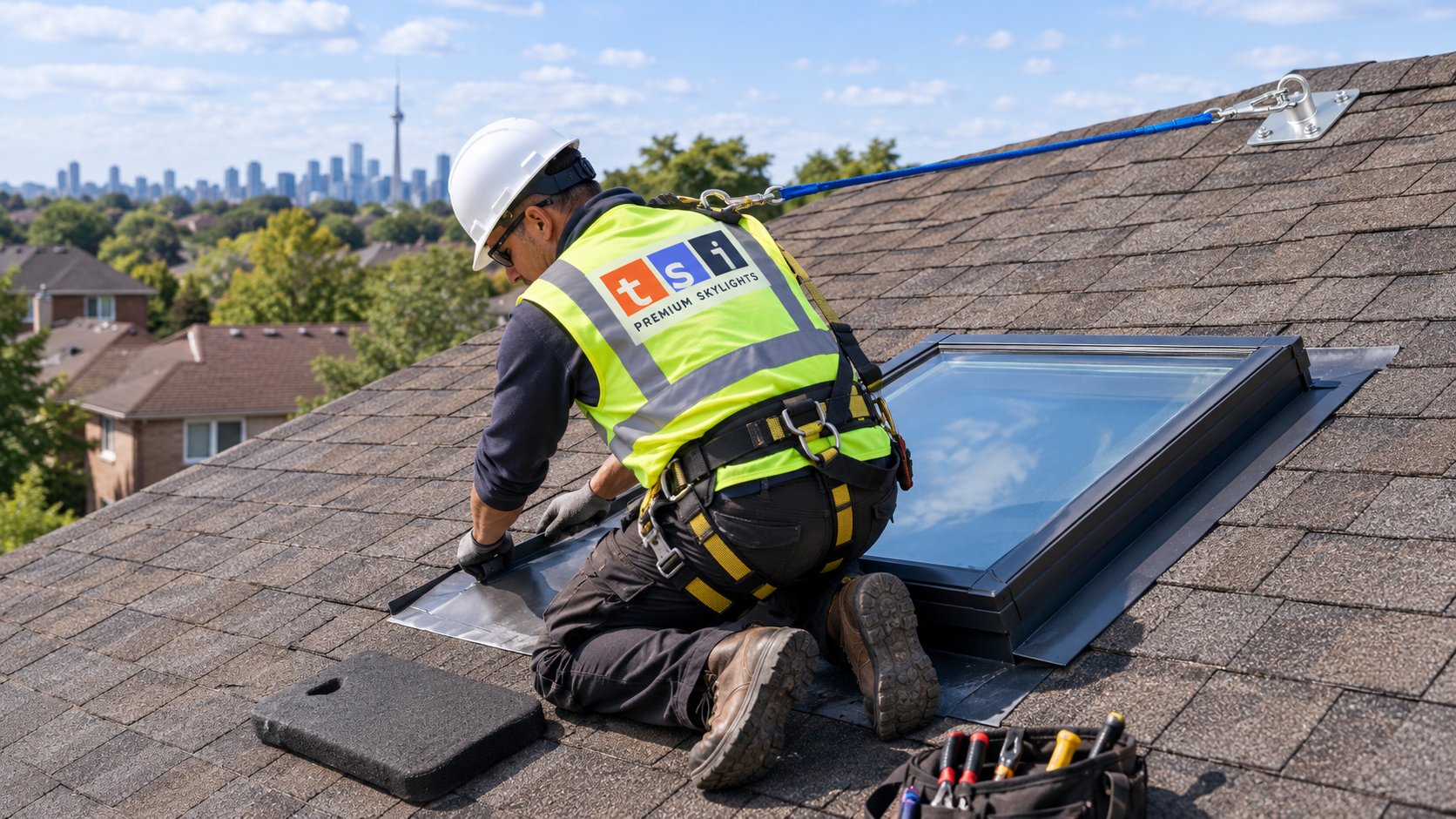 Roofer secured by harness fitting flashing around a new unit during a condo skylight replacement on a townhouse roof