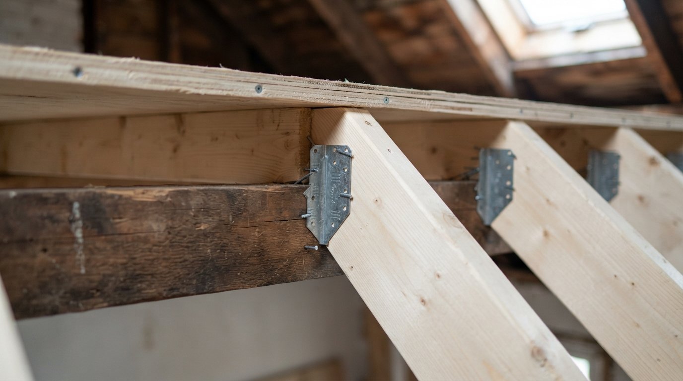 Close-up of infill framing and new sheathing edge where an old opening was closed during a skylight removal