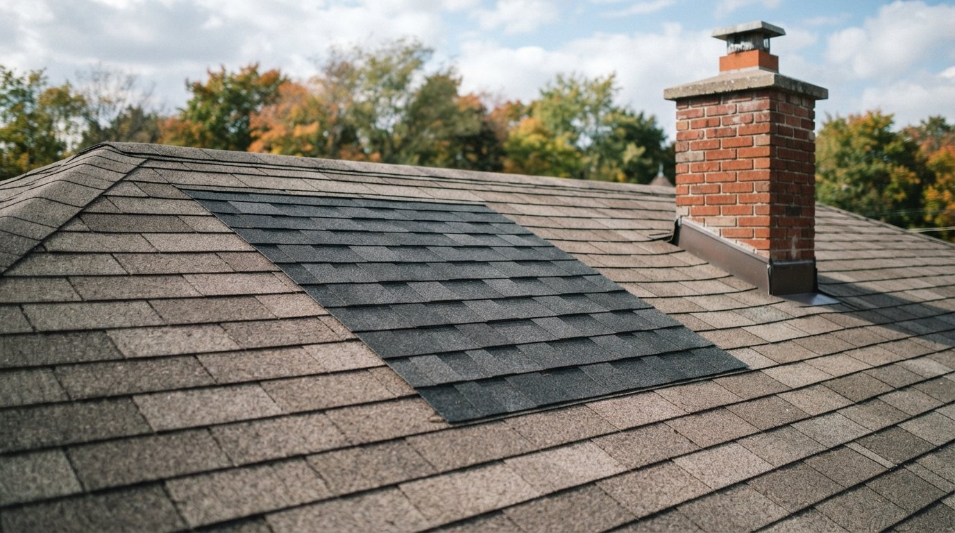 Freshly shingled roof patch where an old unit was taken out, showing a finished skylight removal on a house