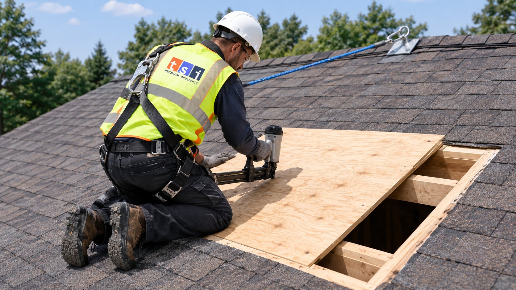 Roofer in harness installing new sheathing over the framed opening during a skylight removal on a sloped roof