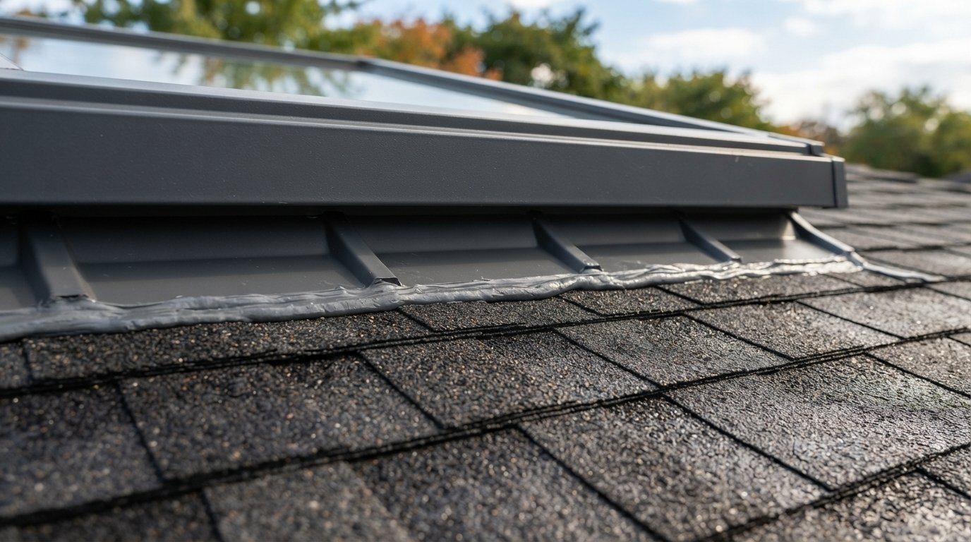 Close-up of shingles sealed down along new skylight flashing, showing results of choosing the best time to install a skylight
