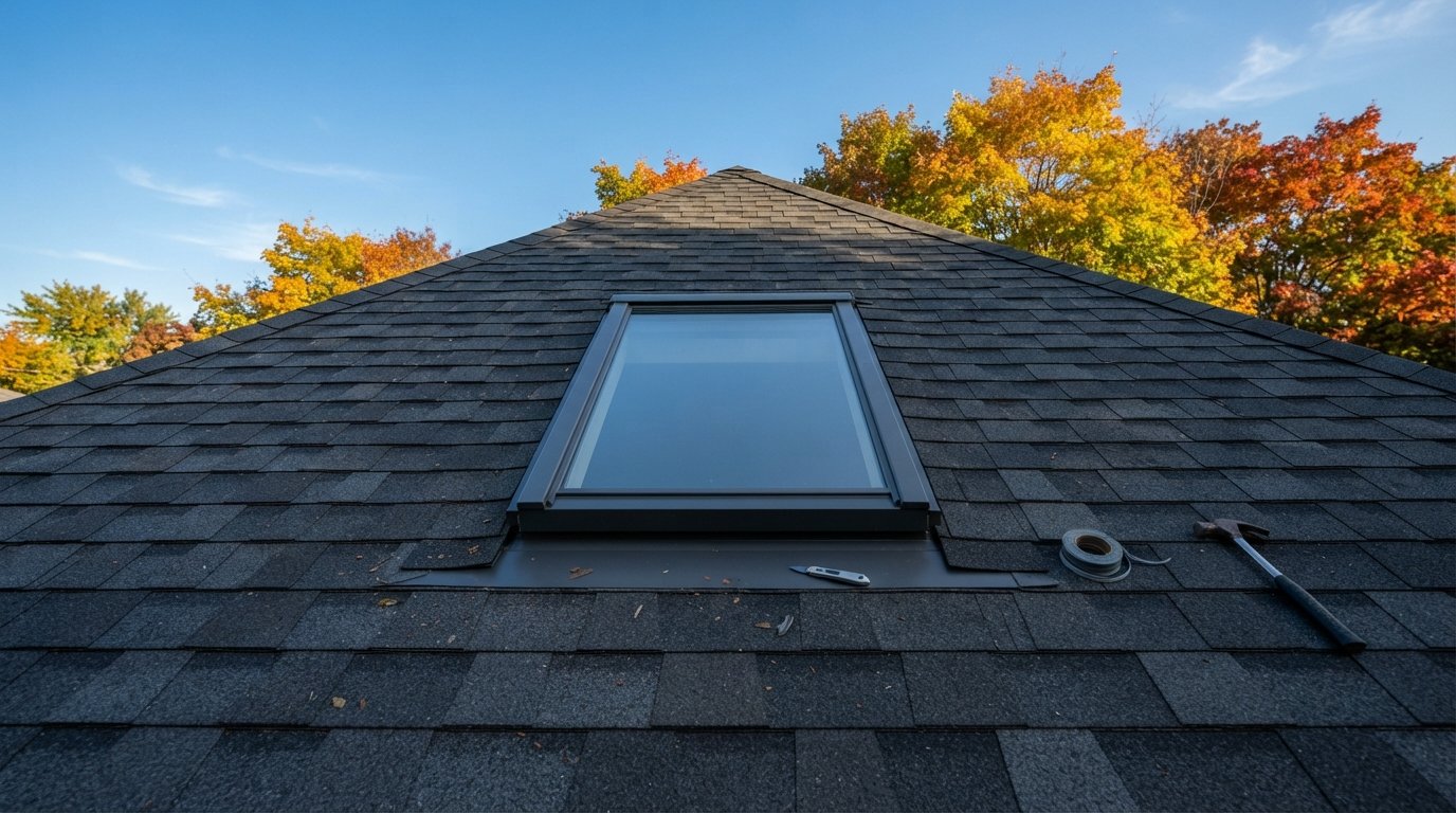 New skylight on a shingled roof under mild early-autumn sun, showing why autumn is the best time to install a skylight