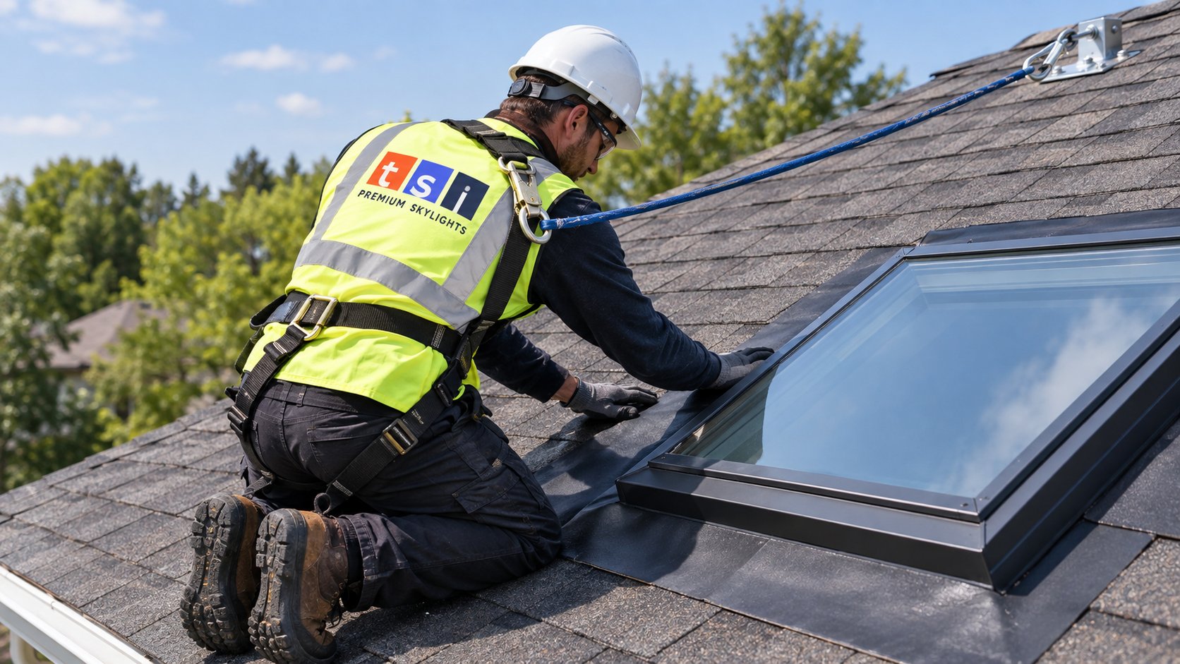 Roofer in harness pressing a self-adhered flashing collar around a skylight frame on a mild autumn day, the best time to install a skylight