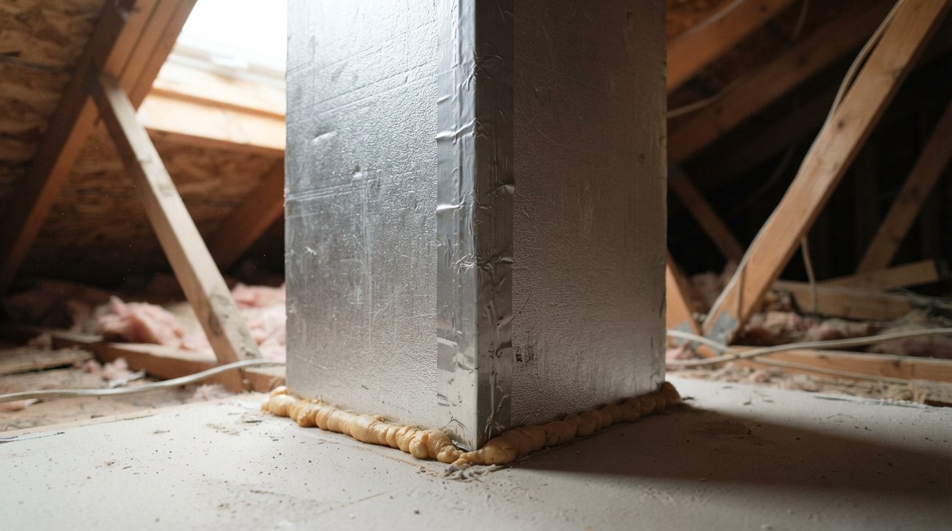 Close-up of taped foam board seams at the corner of a light shaft showing careful skylight shaft insulation and air sealing