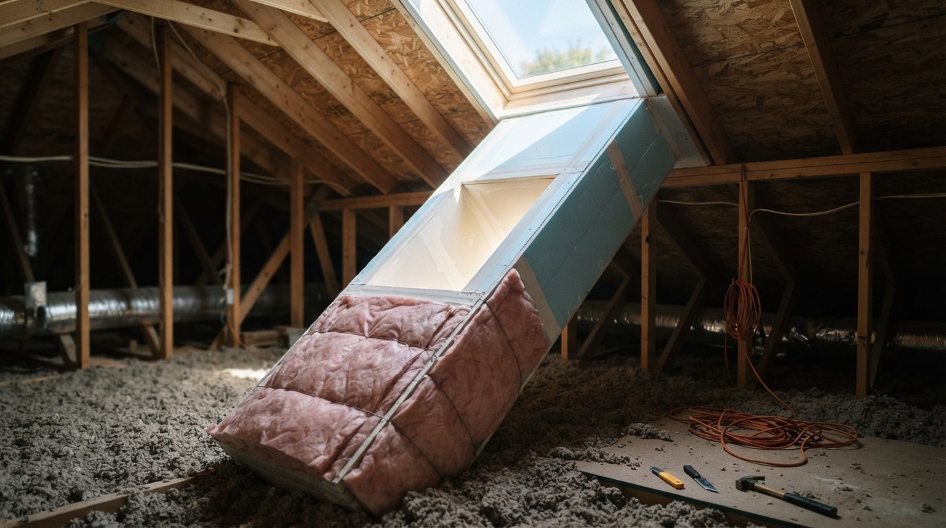 Skylight light shaft framed through an attic with pink batts and foam board, showing skylight shaft insulation in progress
