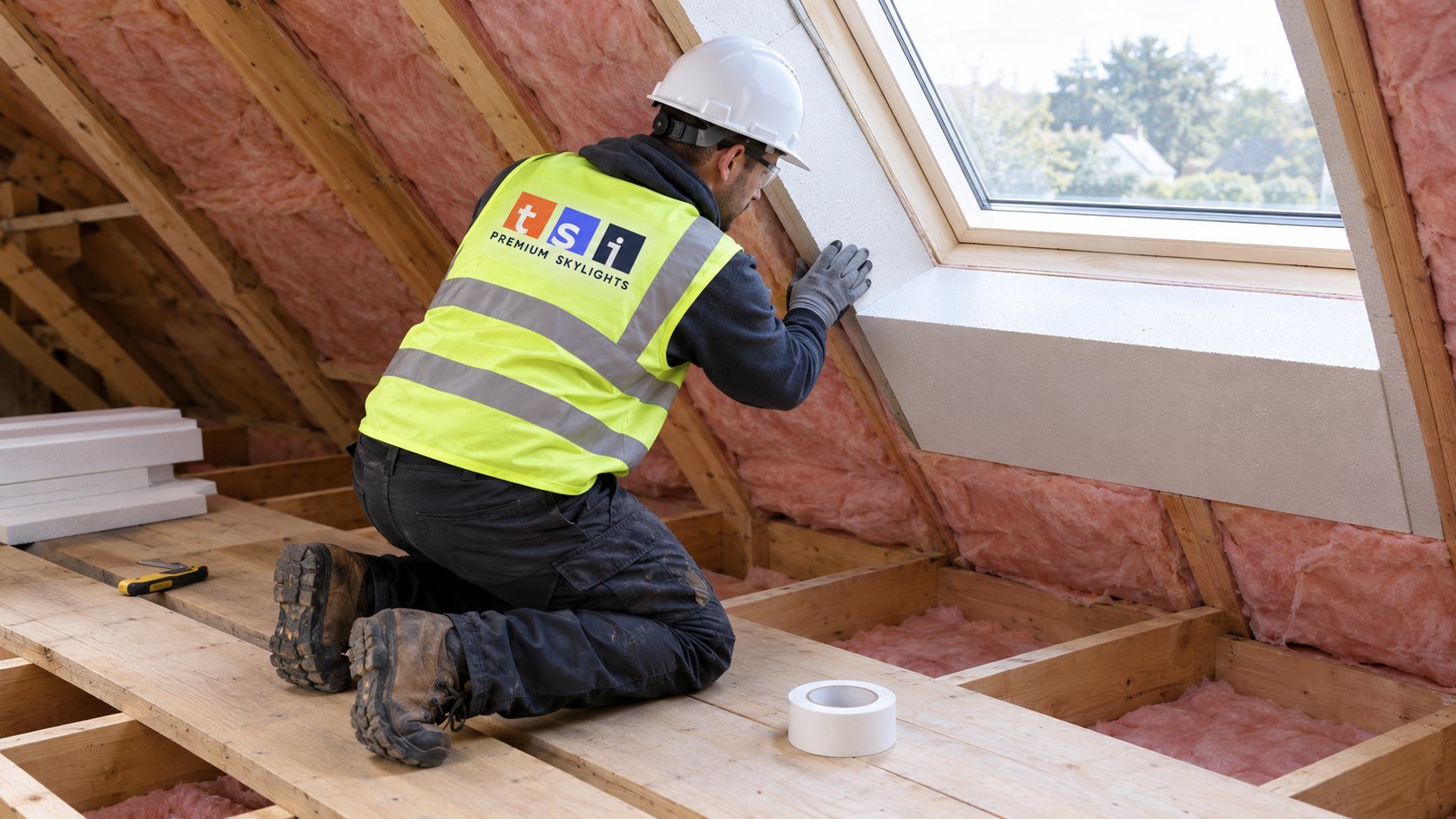 Installer in an attic fitting rigid foam board to a light shaft wall as part of skylight shaft insulation work