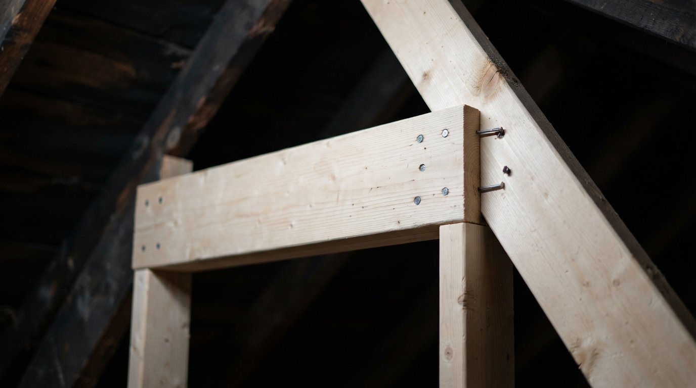 Close-up of a doubled header of new lumber nailed flush to a rafter in skylight framing