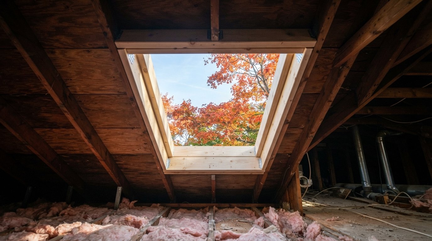 Attic view of new skylight framing with doubled rafters and headers around a fresh opening in the roof deck