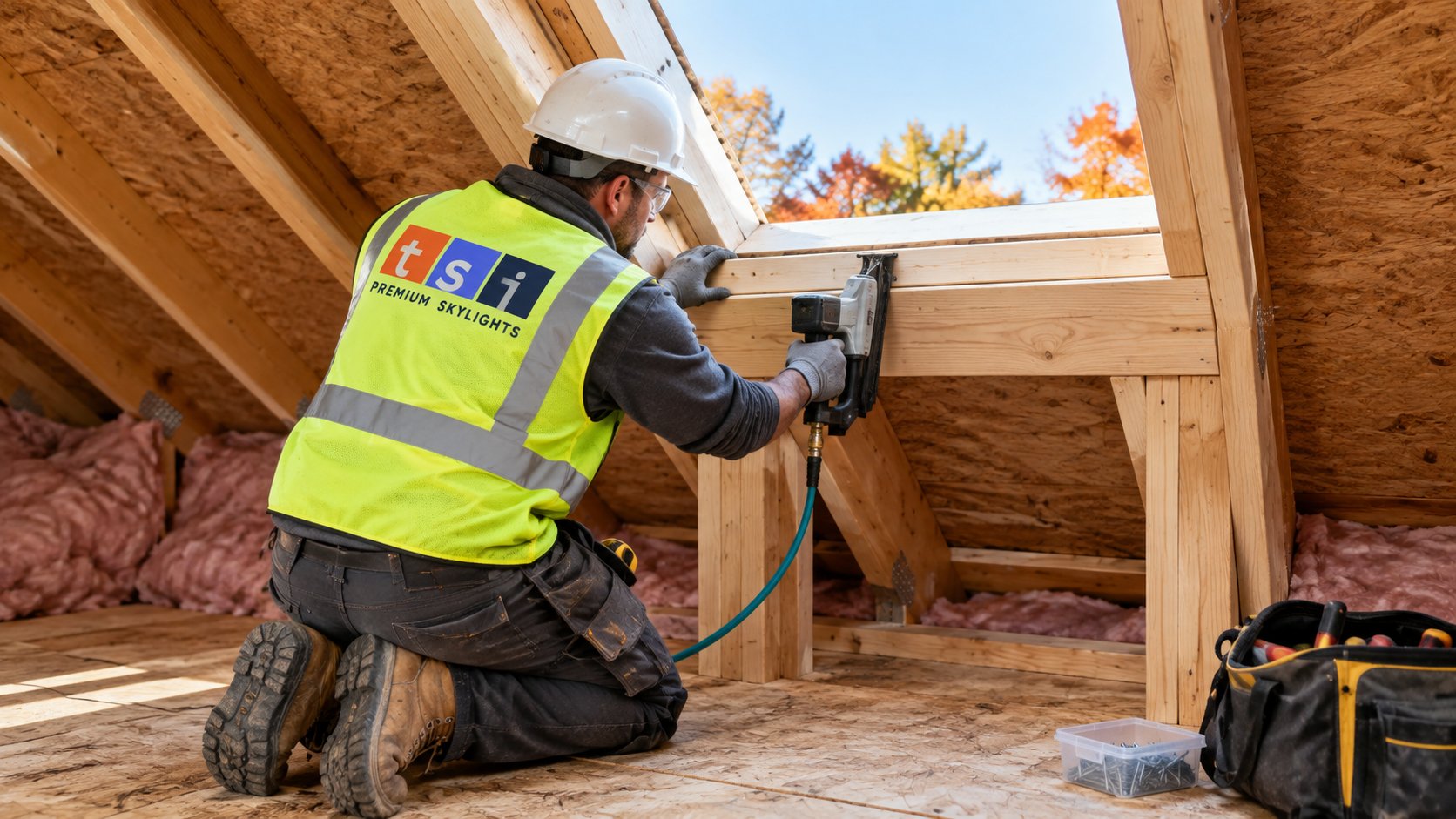 Carpenter in an attic fastening a doubled header between rafters while completing skylight framing for a new opening