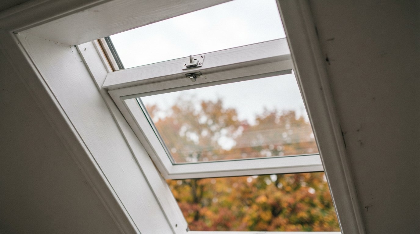 Close-up of a top-hinged roof window control bar in an attic room, a middle option in the skylight vs dormer choice