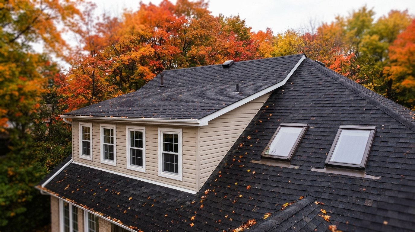 House roof with a shed dormer on one slope and two skylights on the other, illustrating skylight vs dormer
