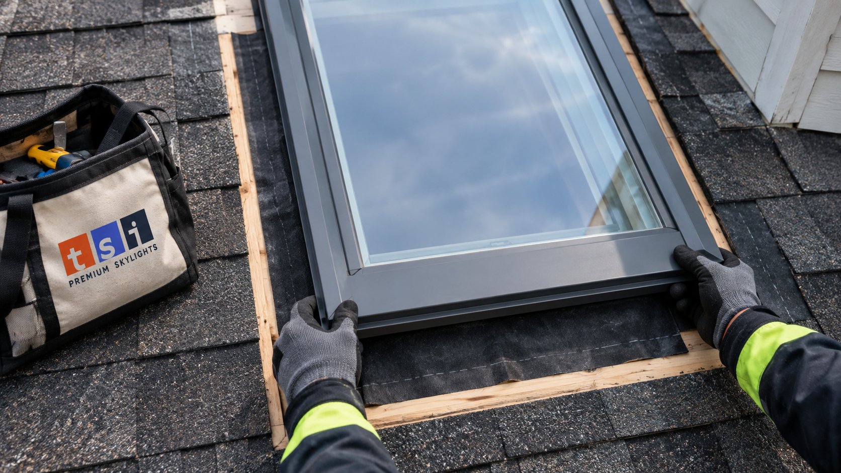 Gloved hands setting a roof window into its opening beside a dormer, a practical skylight vs dormer combination