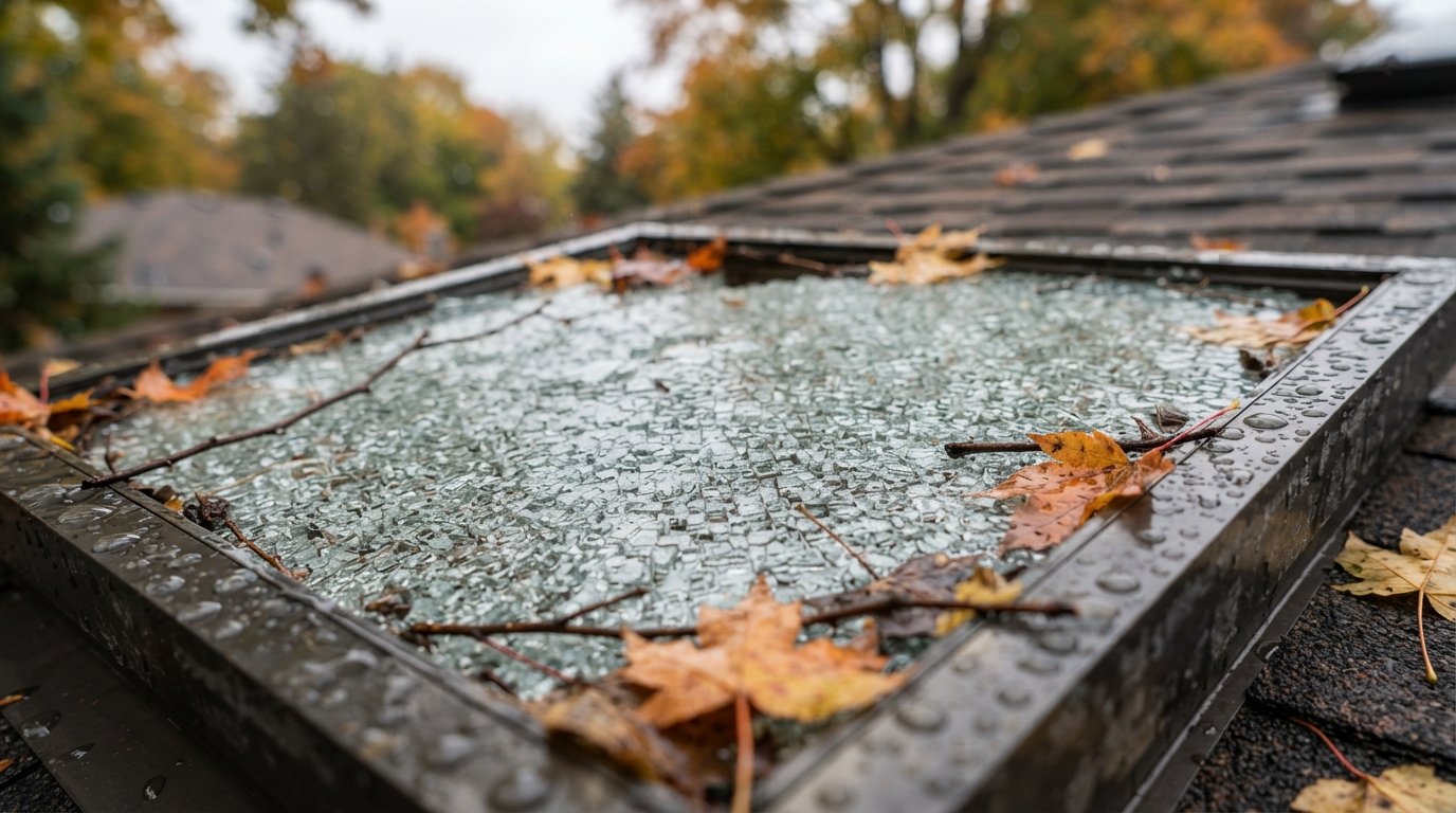 Close-up of cracked skylight glass with twigs and wet leaves, typical evidence for a skylight insurance claim
