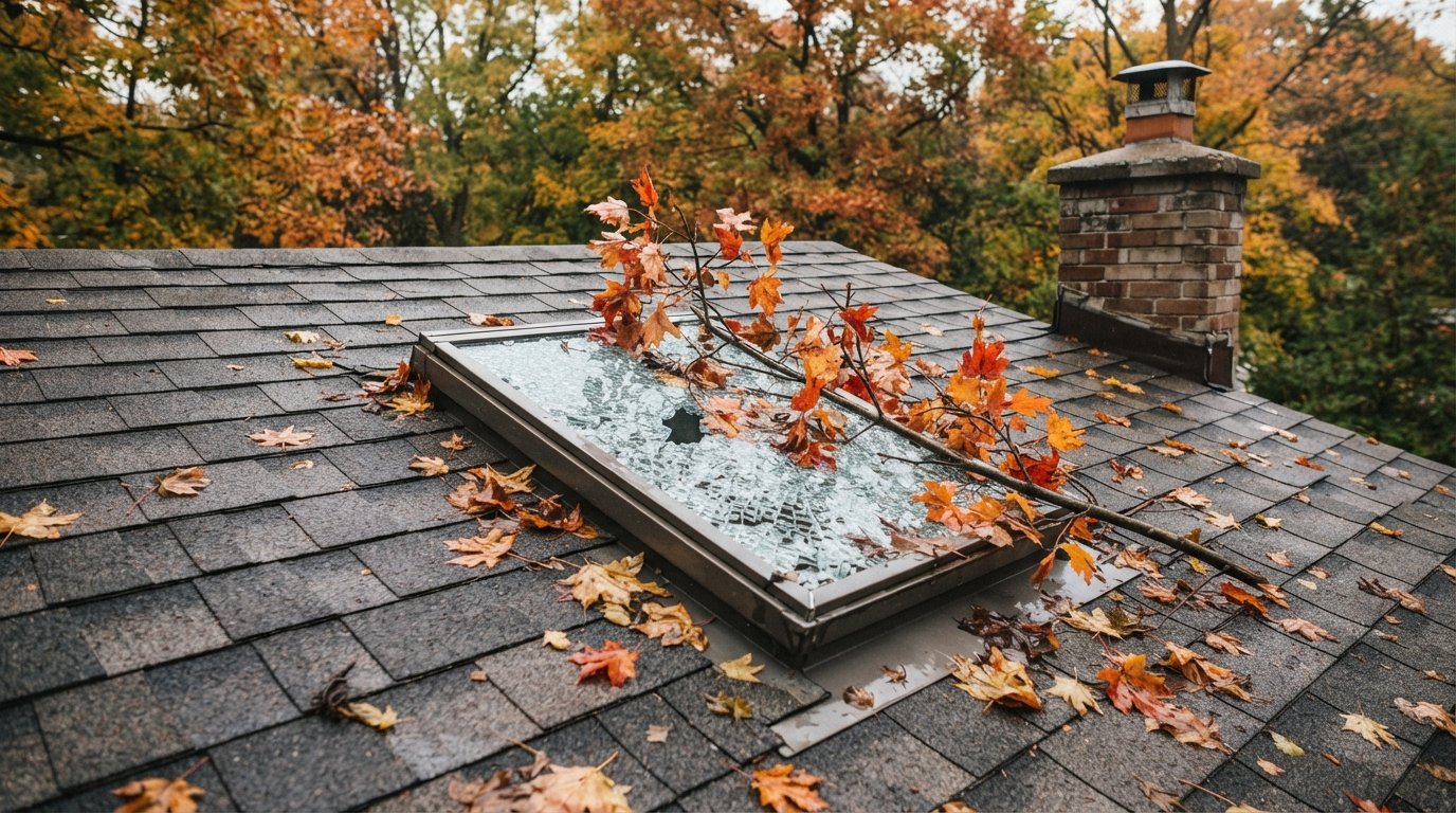 Fallen maple branch resting on a cracked skylight on a shingled roof after an autumn windstorm, a common skylight insurance claim scenario