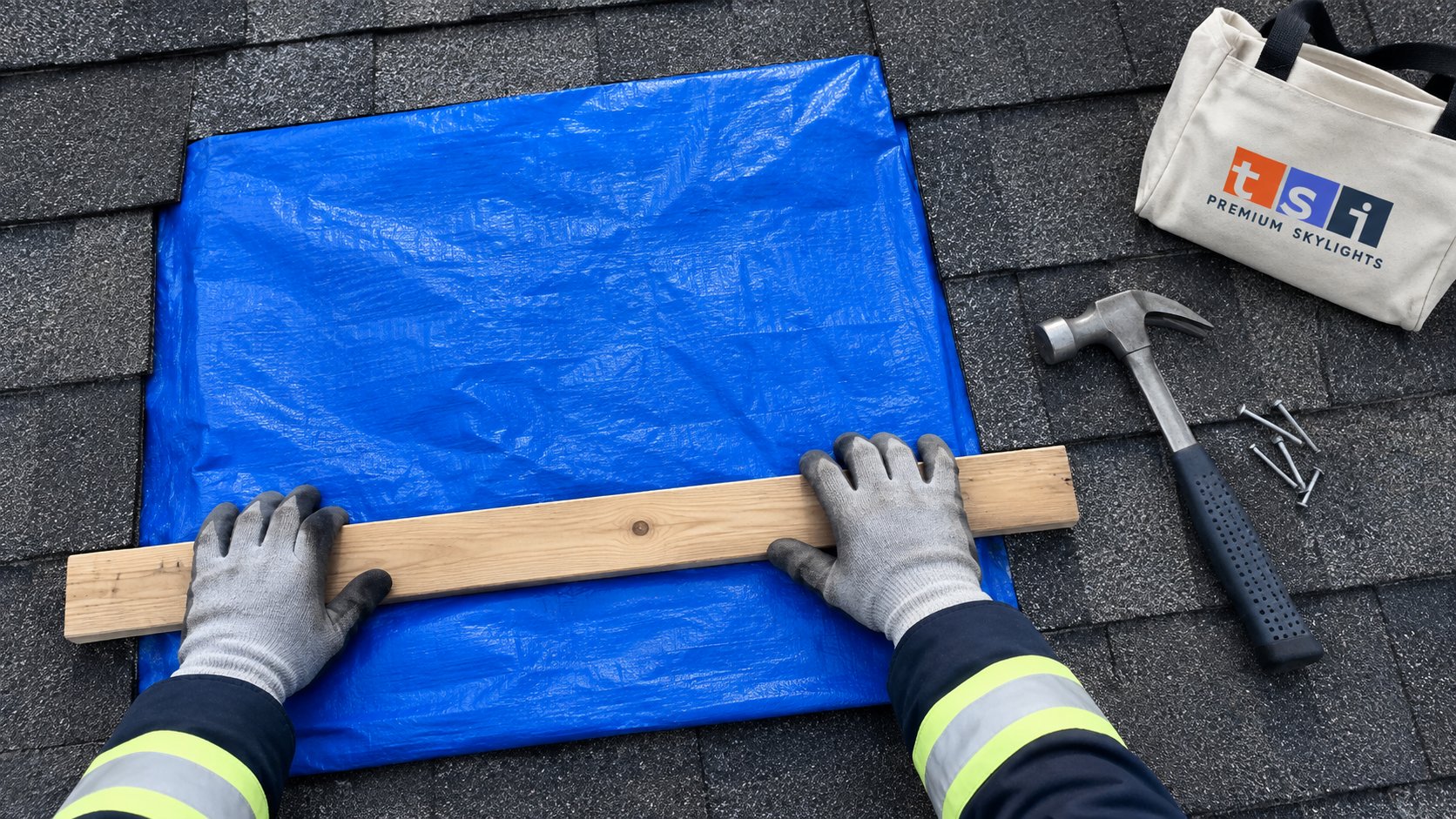 Gloved hands securing a temporary cover over a damaged skylight before a skylight insurance claim inspection